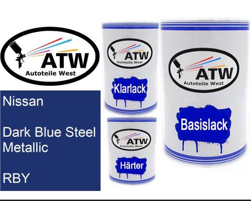 Nissan, Dark Blue Steel Metallic, RBY: 500ml Lackdose + 500ml Klarlack + 250ml Härter - Set, von ATW Autoteile West.